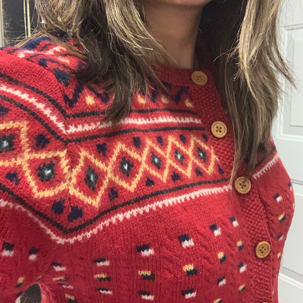 Wool Red Cardigan Holiday Sweater Size Large